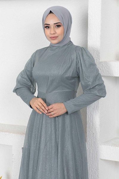 Modamihram Stříbrné večerní šaty s detailem manžety na zip Šedá 12253