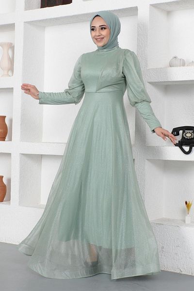Modamihram Silbernes Abendkleid mit Reißverschlussdetail am Bündchen Mint 12253