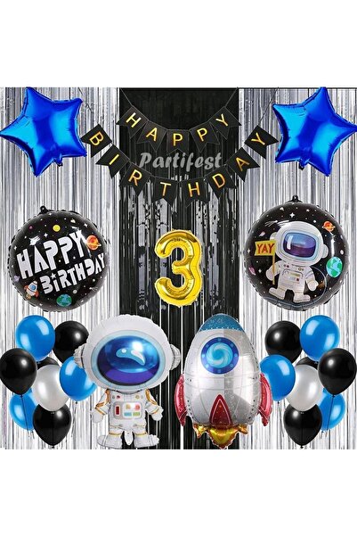 Parti Station Cosmic Space 3 Year Old Balloon Set Galaxy Concept Helium Balloon Set Astronaut Space Shuttle Birthday Set