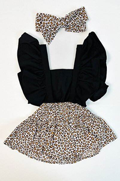 ADABEBEK Kız Çocuk Fırfırlı Leopar Desenli File Çorap Set Bandanalı Salopet Takım