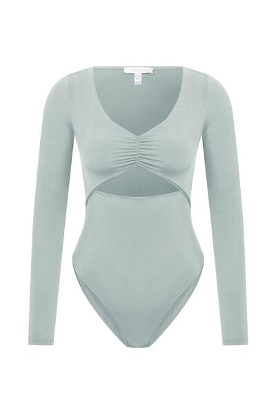 AQUELLA V Yaka Büzgü Detaylı Su Yeşili Bodysuit