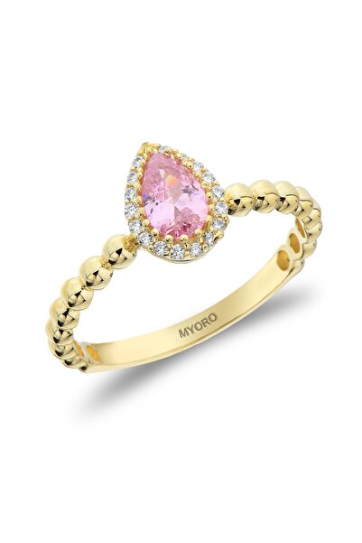 MYORO 14 Ayar Altın Pembe Damla Taşlı Yüzük