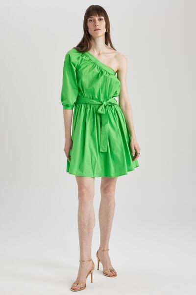 DeFacto Asymmetrical One Shoulder Poplin Mini 100% Cotton Dress A3249ax23sm