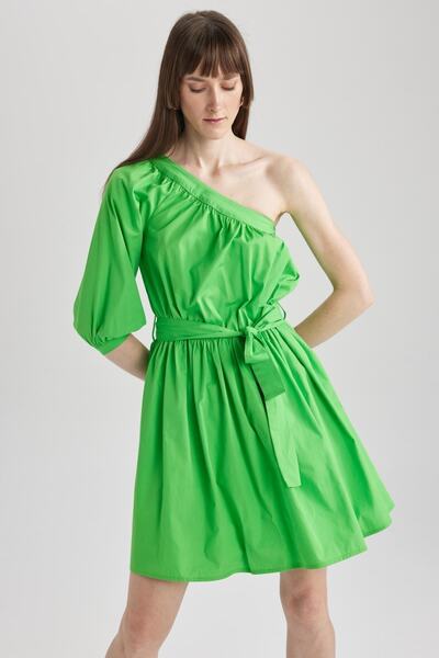 DeFacto Asymmetrical One Shoulder Poplin Mini 100% Cotton Dress A3249ax23sm