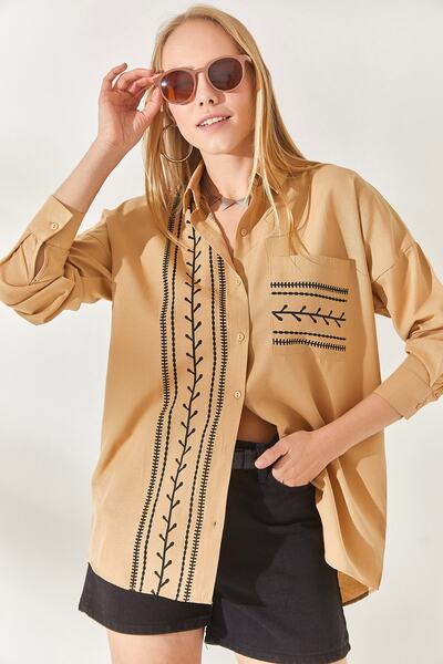 Olalook Camel Pocket Detailed Printed Woven Shirt GML-19000985