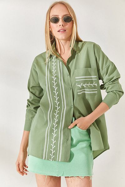 Olalook Mold Green Pocket Λεπτομερές εμπριμέ υφασμένο πουκάμισο GML-19000985