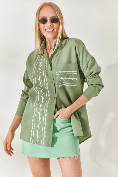 Olalook Mold Green Pocket Detailed Printed Woven Shirt GML-19000985