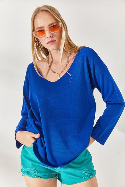Olalook Saks kék V-nyakú alkalmi kötöttáru blúz BLZ-19001586