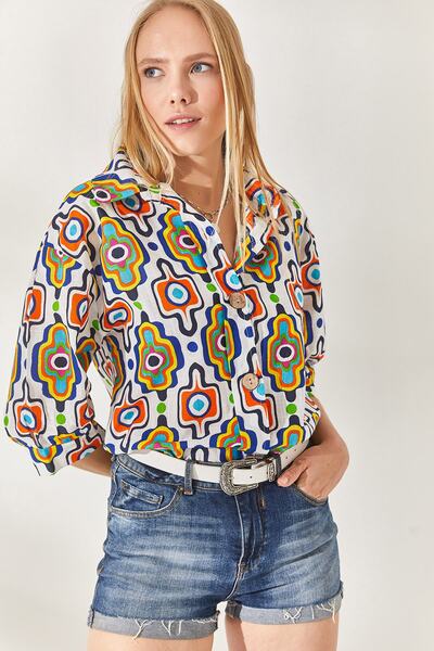 Olalook Geometric Dark Blue Wooden Buttoned Three-Quarter Sleeve Linen Shirt GML-19001095