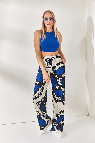 Olalook Saks Mavi Taş Beli Lastikli Cepli Desenli Palazzo Pantolon PNT-19000225