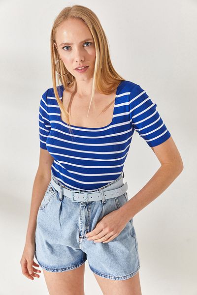 Olalook Saks Blue Square Neck Striped Short Sleeve Knitwear Blouse BLZ-19002258
