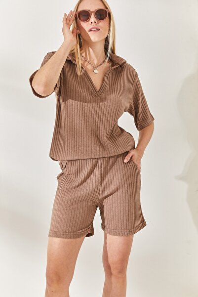 Olalook Mink Polo Collar Top Pocket Shorts Ribbed Set TKM-19000197