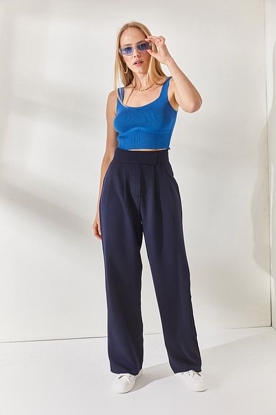 Olalook Pantaloni Palazzo plisați cu velcro albastru bleumarin PNT-19000222