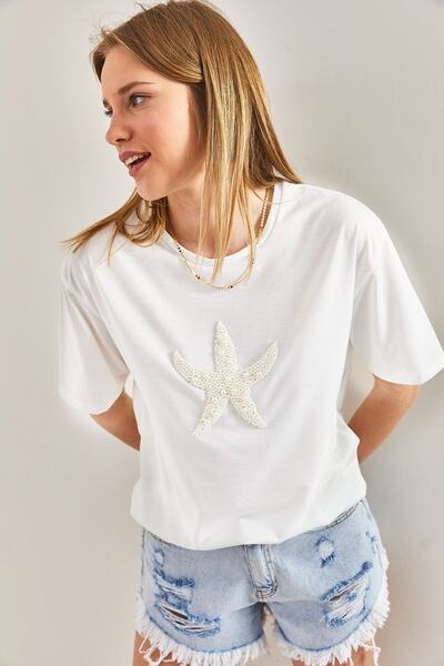 Bianco Lucci Damska koszulka z haftowanej bawełny czesanej w kształcie gwiazdy i perłowego kamienia