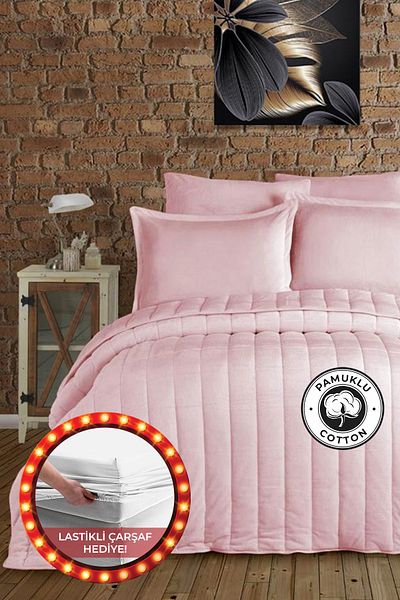 Evlen Home Loris 100% Cotton - Velvet Double Sided Comforter Set (Sleep Set) Double 3 Piece Powder