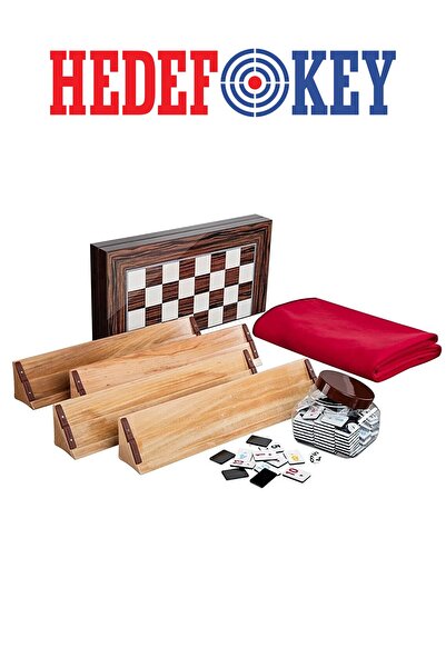 Hedef Ahşap Istaka Okey Takımı Siyah Beyaz Taş Plastik Pullu Tavla Kırmızı Masa Örtüsü Set