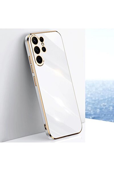 Rivor Samsung Galaxy S22 Ultra Uyumlu Kılıf Parlak Kenarlı Altın Işlemeli Kam...