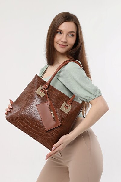 Luvenis Tan γυναικεία τσάντα ώμου με σχέδιο κροκόδειλου μεγάλη με πορτοφόλι