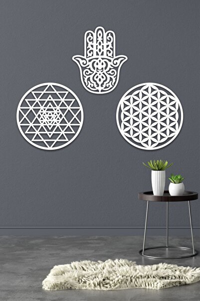 UNT Floarea vieții din lemn Sri Yantra și Hamsa Abundance Abundance Simboluri de binecuvântare Triplu pictură decorativă Ornament de perete