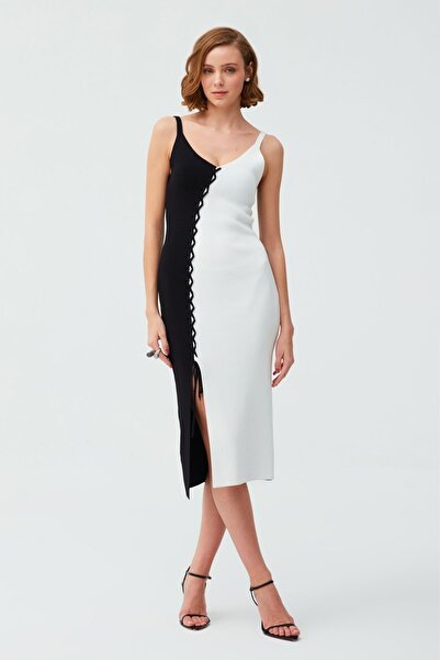 JOIN US Siyah Beyaz İnce Askı Midi Elbise