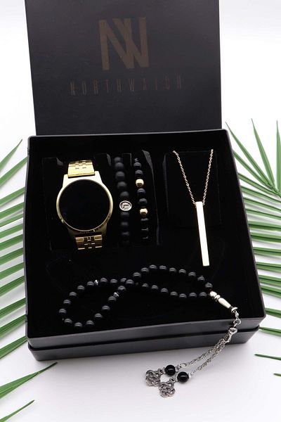 Northwatch Gold Men's Wristwatch Necklace Prayer Beads and Bracelet Set