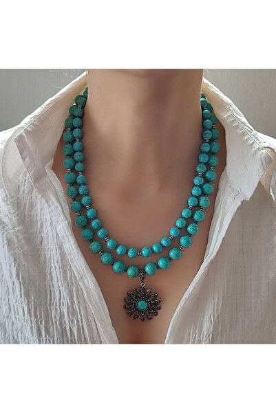 elinasaccessories El Yapımı Turkuaz Taşlı Katman Kolye Bronze Kolye Değerli T...
