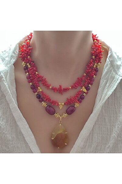 elinasaccessories El Yapımı 3lü Katman Kolye Mercan Taşı Tarz Kolye Doğal Taş...