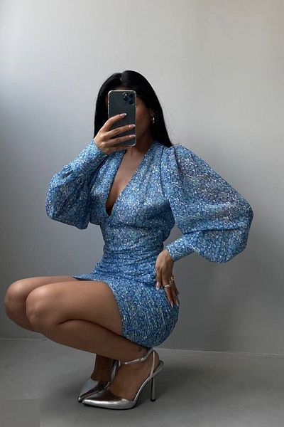 lovebox Women's Blue Printed Chiffon Dress 23s25015