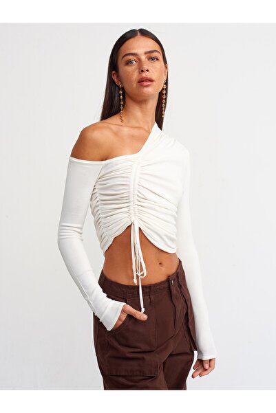 Dilvin 10369 Right Shoulder Open Drawstring Pullover-ecru