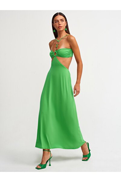 Dilvin 90416 Δαχτυλίδι με λεπτομέρεια μακρύ φόρεμα-πράσινο