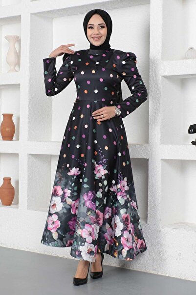 Modamihram Floral Polka Dot Satin Evening Dress Black 12251