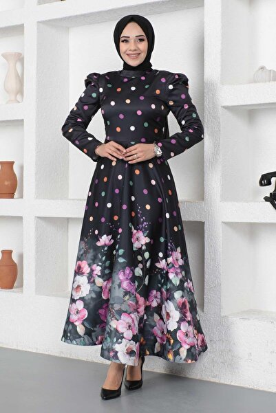Modamihram Floral Polka Dot Satin Evening Dress Black 12251