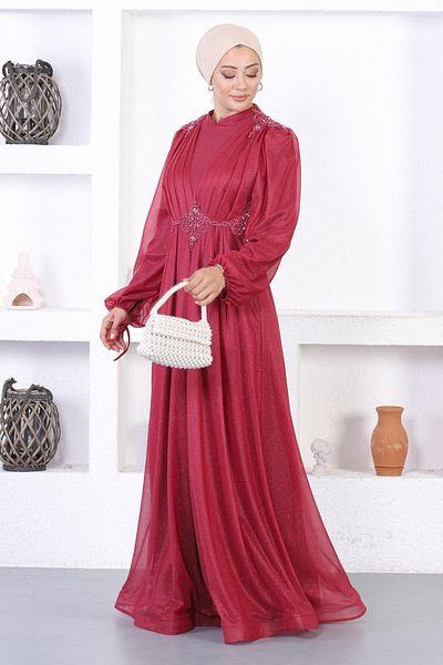 Modamihram Abendkleid mit Perlenspitze und Glitzer, Weinrot 12252