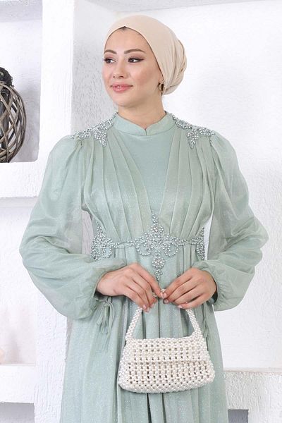 Modamihram Pearl Lace Glitter Evening Dress Mint 12252