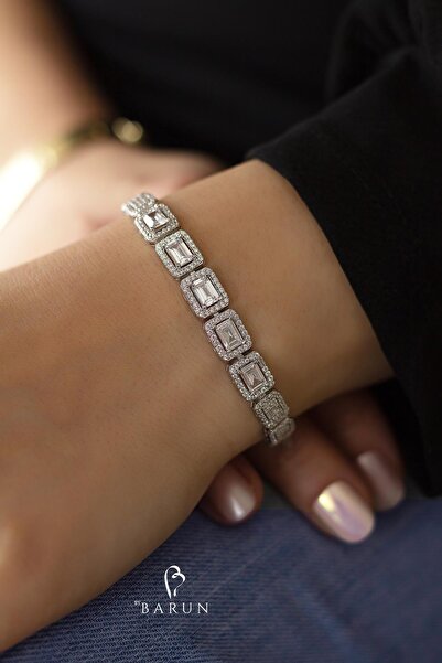 BY BARUN SİLVER Baget Bileklik Kare Su Yolu 925 Ayar Zirkon Taşlı Beyaz Gümüş Zincir Bileklik