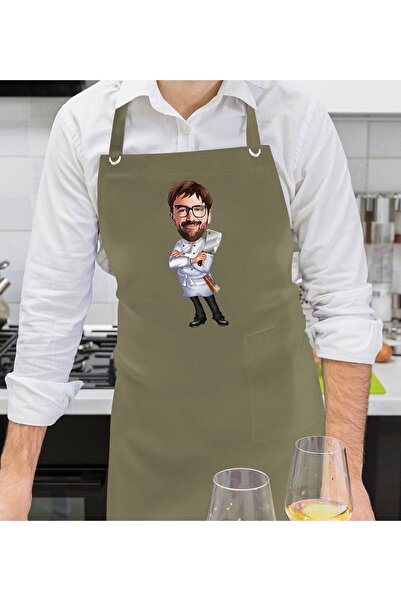 Bk Gift Kişiye Özel Erkek Chef Karikatürlü Profesyonel Haki Yeşil Mutfak Önlü...