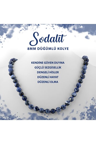 Deniz Doğal Taş Sertifikalı Sodalit 8 Mm Düğümlü Doğal Taş Kolye