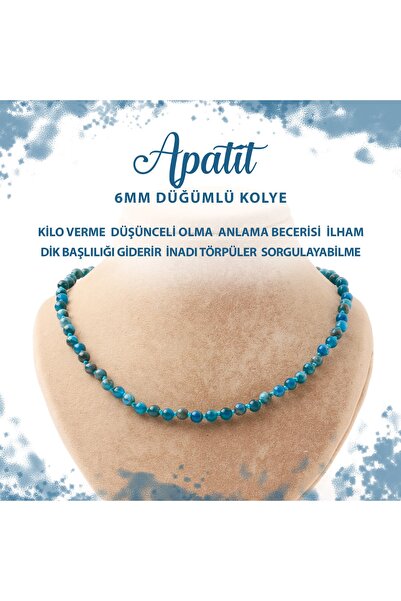 Deniz Doğal Taş Sertifikalı Mavi Apatit 6 Mm Düğümlü Doğal Taş Kolye