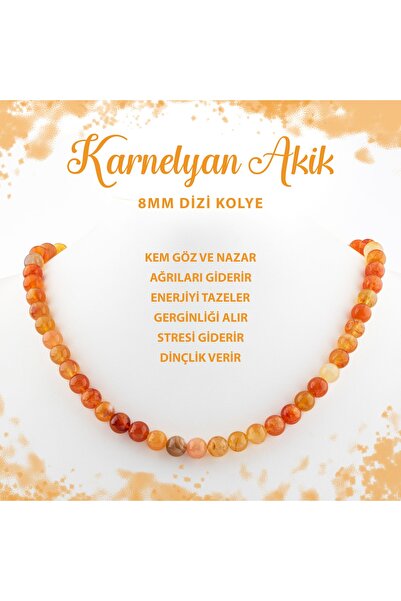 Deniz Doğal Taş قلادة من العقيق الكارنيليان المعتمد مقاس 8 مم من الأحجار الكر...