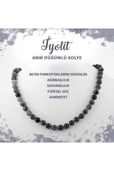 Deniz Doğal Taş Sertifikalı Iyolit 8 Mm Düğümlü Doğal Taş Kolye