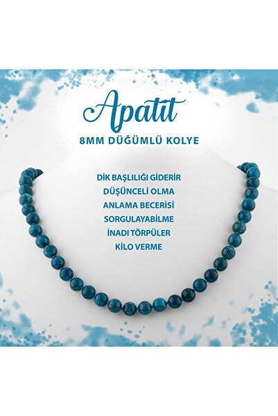 Deniz Doğal Taş Sertifikalı Mavi Apatit 8 Mm Düğümlü Doğal Taş Kolye