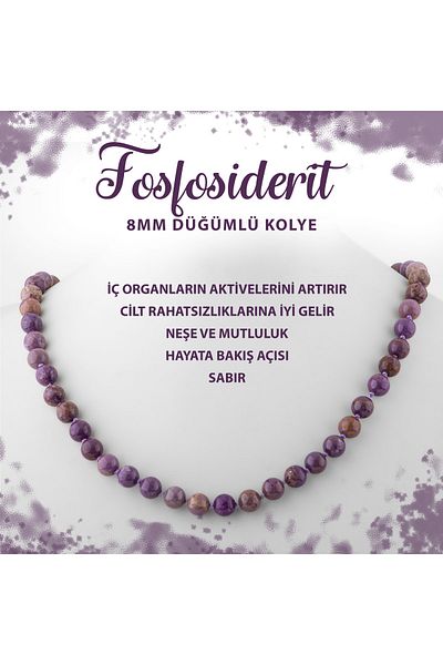 Deniz Doğal Taş Certified Phosphosiderite 8 mm Knotted Natural Stone Necklace