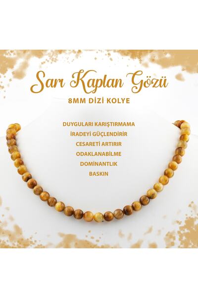 Deniz Doğal Taş Sertifikalı Sarı Kaplan Gözü 8 Mm Dizi Doğal Taş Kolye