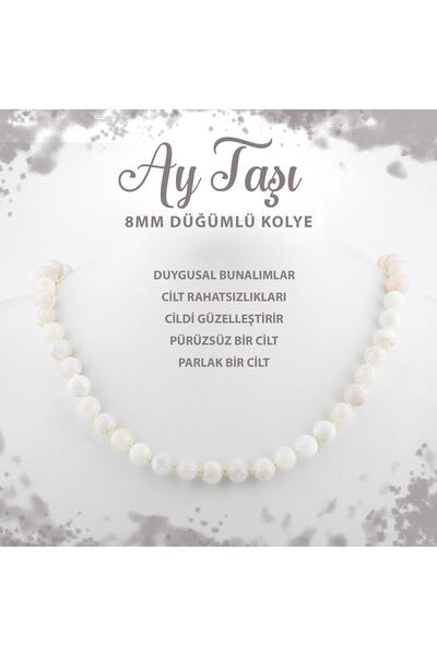 Deniz Doğal Taş Sertifikalı Ay Taşı 8 Mm Düğümlü Doğal Taş Kolye