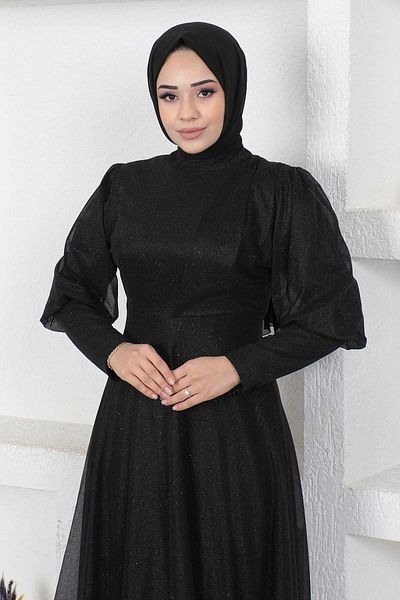 Modamihram Silvery Evening Dress with Zipper Cuff Detail Black 12253