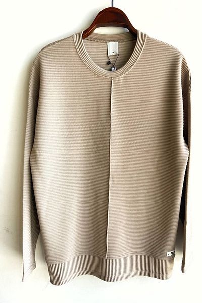 lovebox Men's Embossed Line Detailed Crew Neck Beige Knitwear Sweater 1148