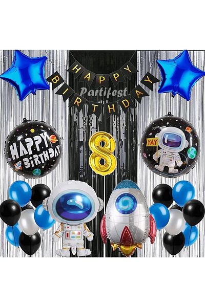 Parti Station Cosmic Space 8 Year Old Balloon Set Galaxy Concept Helium Balloon Set Astronaut Space Shuttle Birthday Set