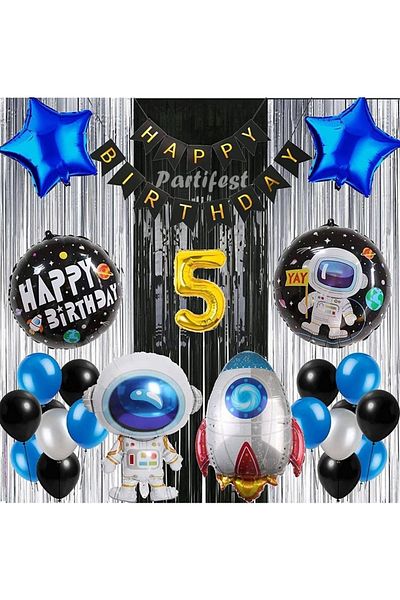 Parti Station Cosmic Space 5 Year Old Balloon Set Galaxy Concept Helium Balloon Set Astronaut Space Shuttle Birthday Set
