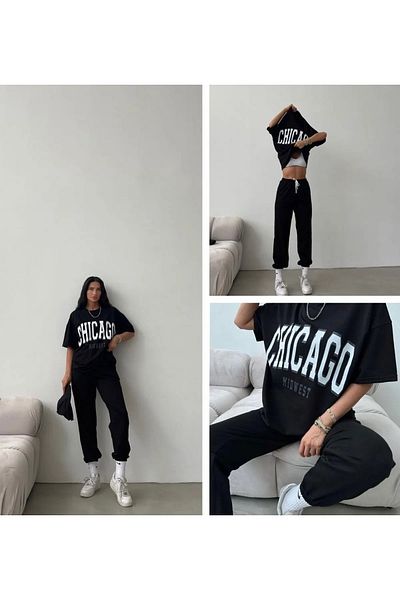 MODARİCH Chicago Sweatpants T-shirt - Black Jogger T-Shirt Bottom Top Tracksuit Set Oversize Crew Neck