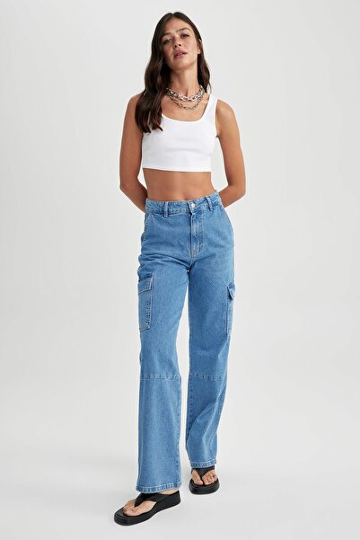 DeFacto Široké džínové kalhoty ze 100% bavlny s cargo kapsou